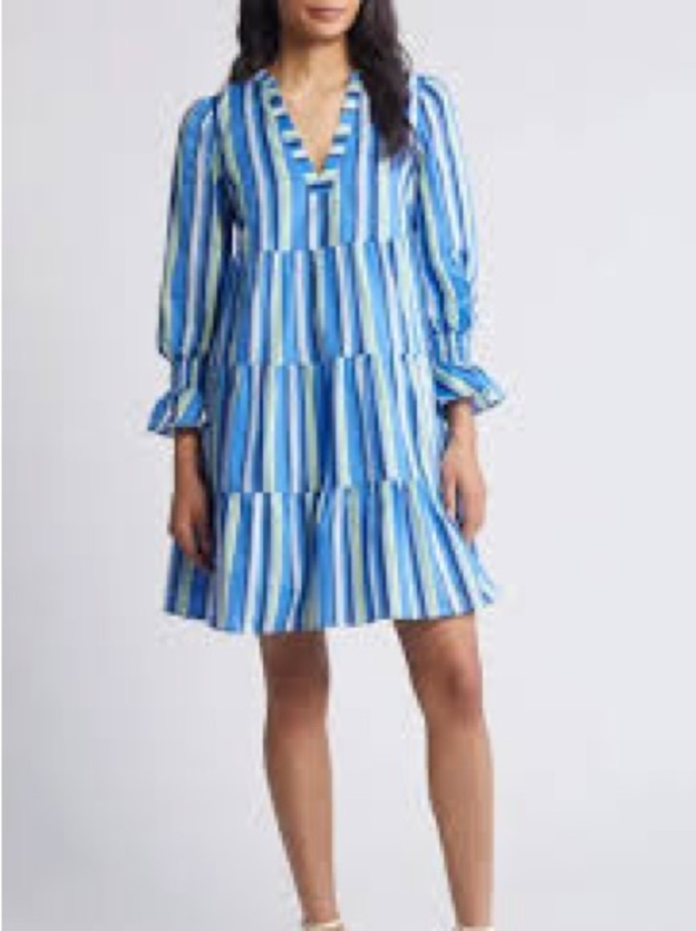 Eliza J Tiered Three Quarter Sleeve Dress Womens 8 Blue Excellent Striped V-Neck - Picture 9 of 9